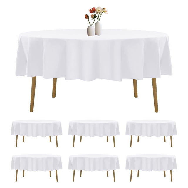 Mantel redondo Luccido de 70 pulgadas, blanco, resistente a las manchas (paquete de 6)