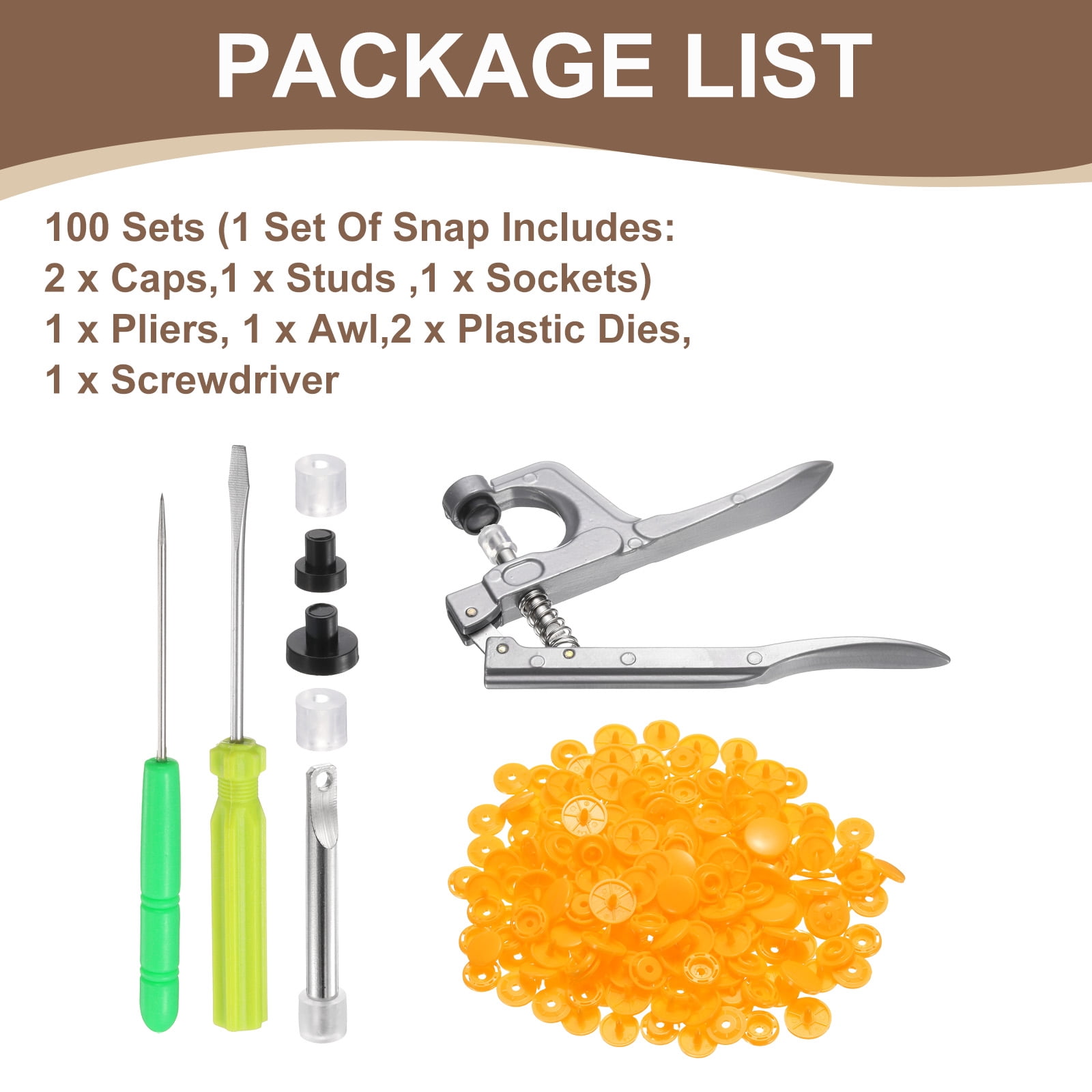 Uxcell Plastic Snaps Fasteners with Snap Pliers, 100 Set T8 Round Resin No-Sew Button Snap Fasteners Kit Orange