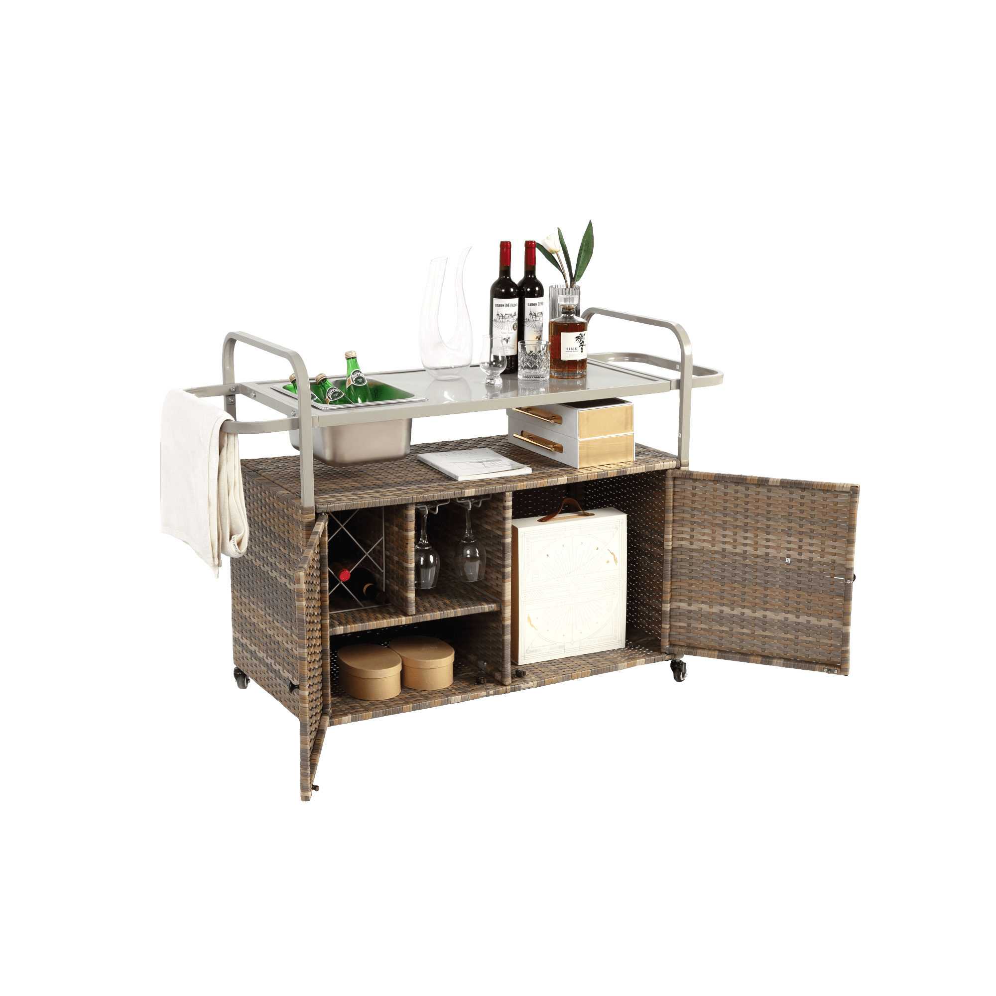 Outdoor Bar Cart,Wicker Bar Table Cart with Cabinet,Patio Serving Cart with Steel Top, Ice Bucket,Lockable Wheels, Side Basket for Garden, Poolside & Backyard,Beige