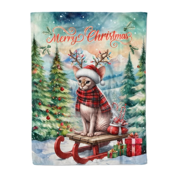 Merry Christmas Santa Reindeer Antlers Sphynx Sleigh Xmas Winter Holiday Cozy Fleece Blanket Cat Lover Kitten Owner Gifts Idea Warm Soft Throw Blanket - 00023