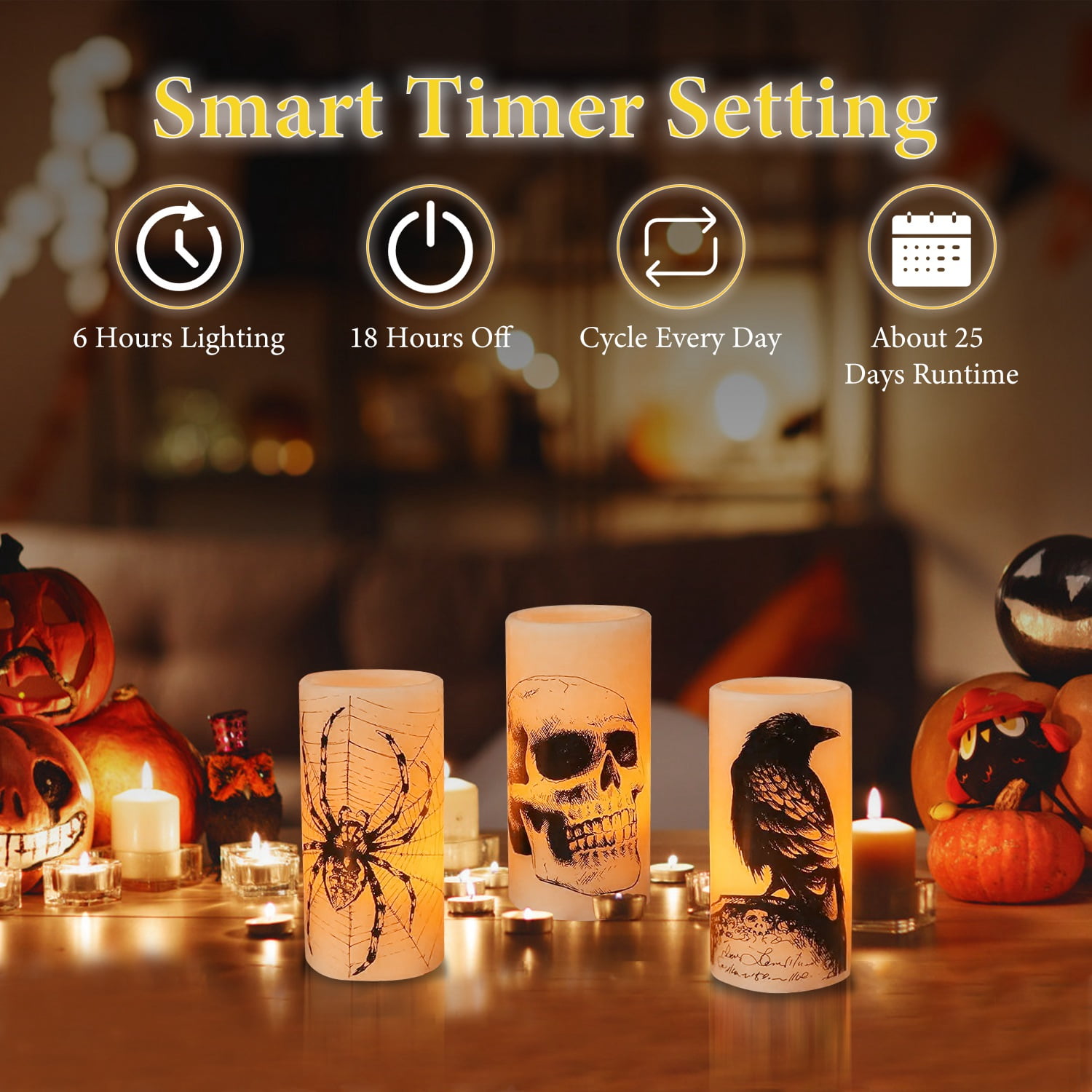 Moclever 3Pack Halloween Flameless Candles with Timer, Battery Operated LED Candle Lights, Spider Crow Skull Design for Party Decoration