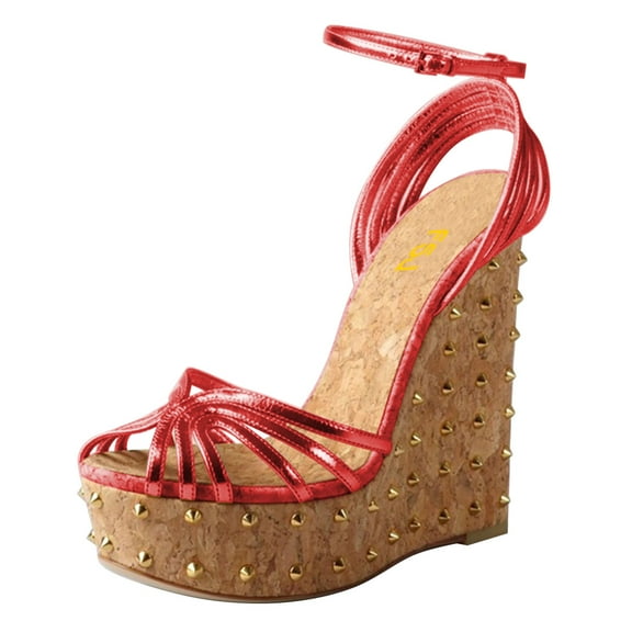 FSJ Women Sexy Rivet Studded Platform Wedges High Heel Sandals Peep Toe Ankle Strap Buckle Strappy Party Vacation Shoes Size 8 Red