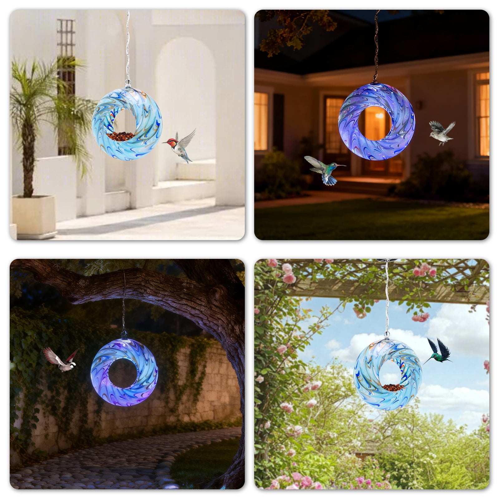 Outdoor Bird Feeder,Swirl Glass Solar Bird Feeder,Fly-Through Design with LED Lights, Decorative Outdoor Accent for Garden & Bird Watching Decor
