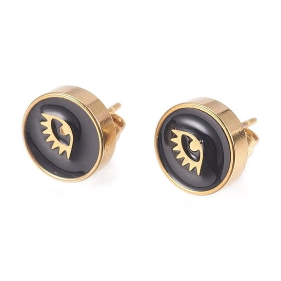 Gold Tone Stainless Steel Stud Earrings Enamel Round Butterfly Black A183