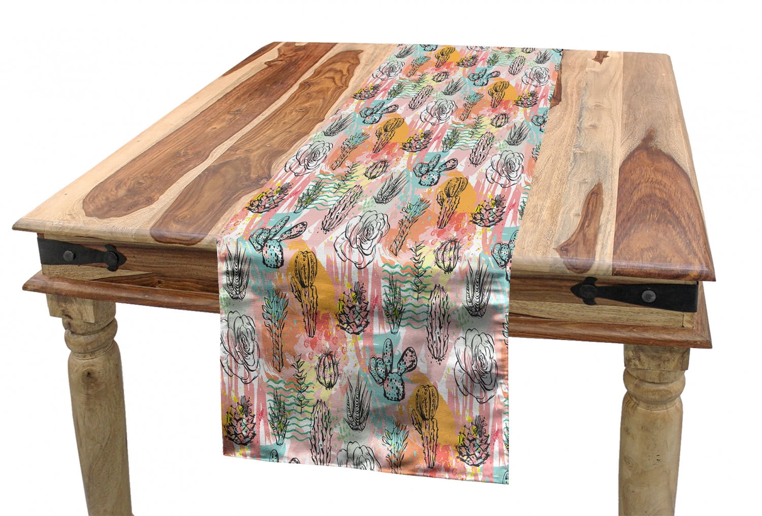 Cactus Table Runner, Abstract Ink Drawn Succulent Houseplants on Motley ...