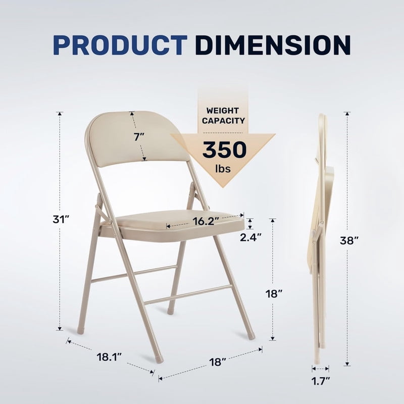 Kelno 2 Pack Folding Chair Leather Padded Seat Portable Chair, Khaki