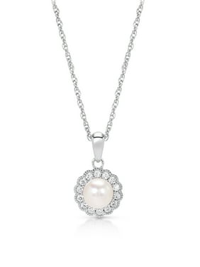 Sterling Silver Halo Fresh Water Pearl and Cubic Zirconia Pendant