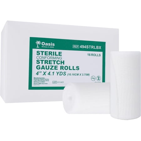Oasis Conforming Stretch Gauze Bandage, 16 Rolls | Sterile Latex Free Rolled Gauze, Bandage Rolls for Effective Wound Care & Comfort (4" x 4.1 Yards)