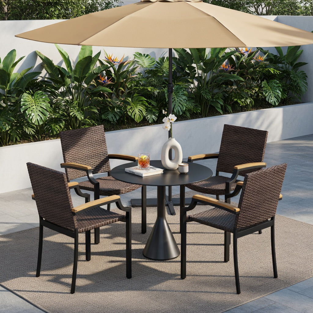 Hommoo 2-Piece Stackable Outdoor Dining Chairs, PE Rattan Wicker with Acacia Wood Armrests, Heavy-Duty Metal Frame, Weather-Resistant Patio Seating for Backyard, Porch & Garden, Brown