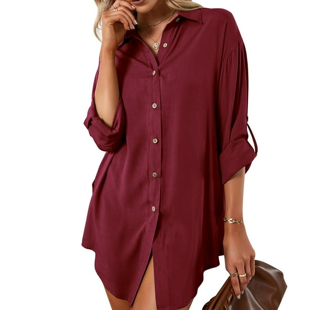 Moda mujer camisa de color sólido cuello vuelto manga larga de un solo pecho camisa suelta info CACAGOO Camisa de color liso