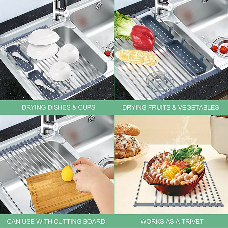 Expandable Roll Up Dish Drying Rack Up to 23'' with 2 Utensil