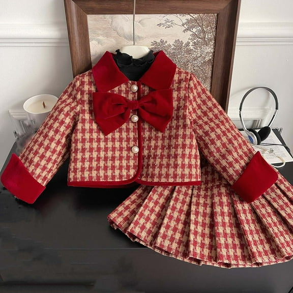 Red Houndstooth 2-Piece Outfit for Kids Girls 2-8Y - Top & Pleated Skirt with Velvet Bow, Soft Stretch,Size 2-3 T