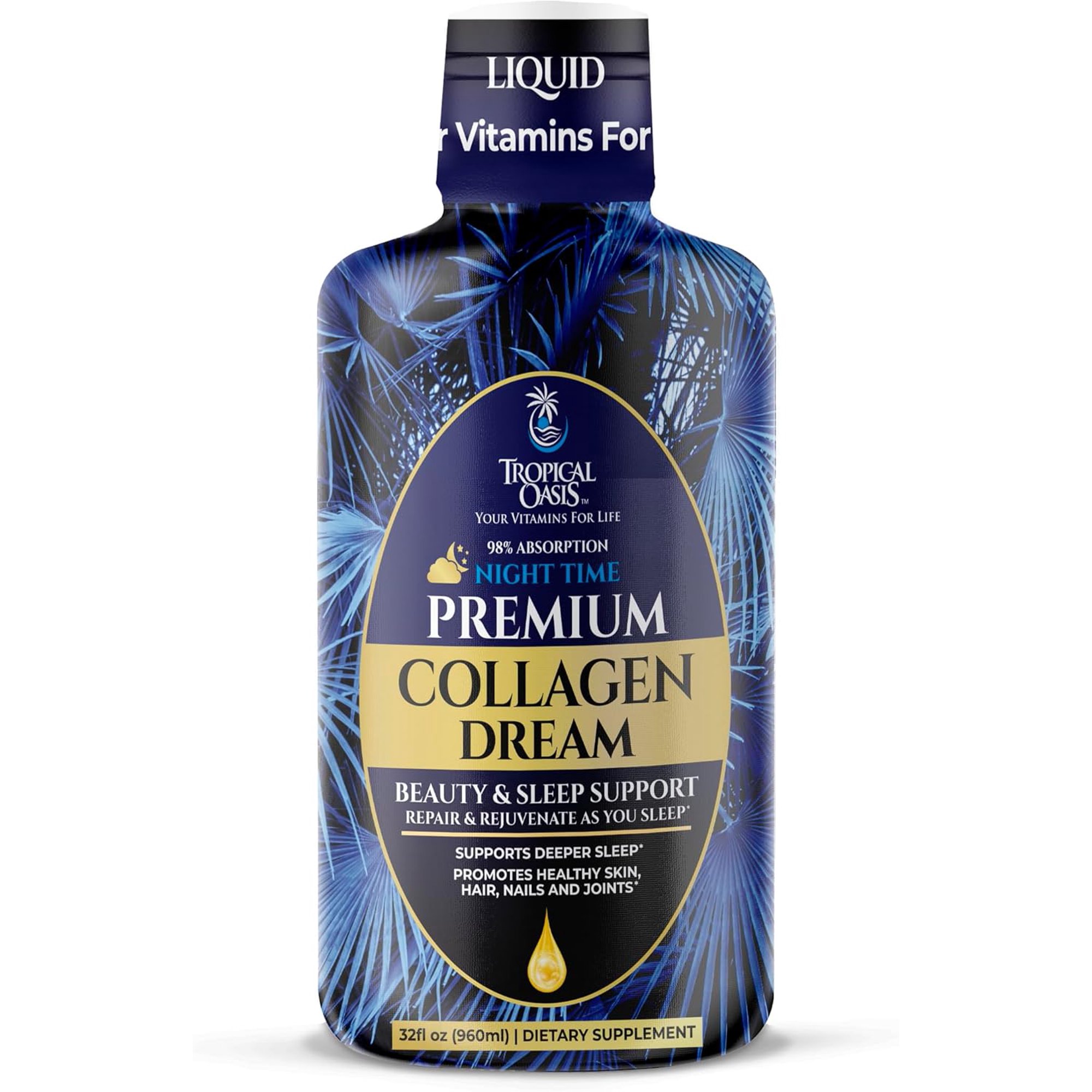 Tropical Oasis Collagen Dream, Premium Liquid Hydrolyzed Collagen Supplement for Men & Women, Sleep Aid for Healthy Hair, Skin, & Nails, Tropical Strawberry Mango, 32 fl oz, 32 Servings