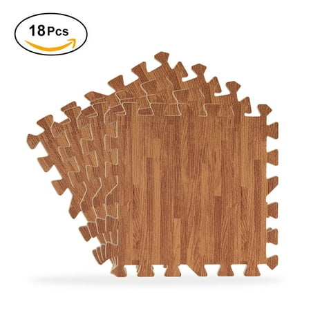 18pcs 30×30cm Wood Grain Floor Mat 0.4 inch Thick Interlocking Flooring Tiles with Borders for Exercise Fitness Gym Soft Yoga Trade Show Play Room(Light Wood