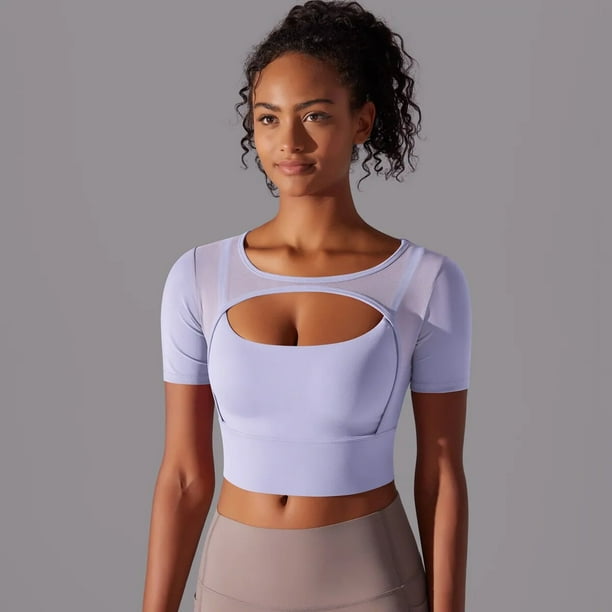 Top corto de malla para Fitness camiseta de manga corta para entrenamiento de Yoga Top ajustado para mujer Pilates correr deporte y entrenamiento camisetas de gimnasio ropa deportiva Walmart en linea