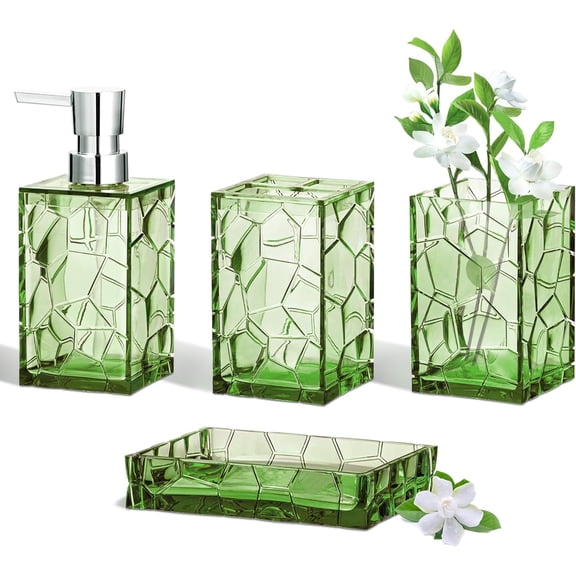 Bathroom Accessories Set, Acrylic Bathroom Counter Set of 4, Boho Modern Acrylic Bathroom Decor, 4-pc: Toothbrush Holder, Soap Dispenser, Tumbler, Soap Dish, Ideal Gift Choice