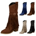 thumbnail image 3 of XIMIN Women Fringe Cowgirl Boots Knee High Boots Embroidered Cowboy Boots Stud Square Toe Mid Calf Western Boots with Chunky Heel Comfort Tall Western Boots, 3 of 6