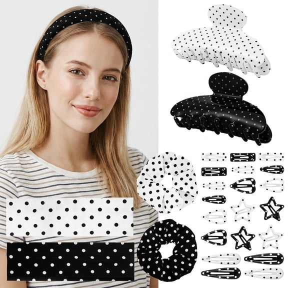 Bocaoying 28 Pcs Vintage Polka Dot Hair Accessories, 2 Set Classic Black White Headbands, Stylish Hair Clips Scrunchies for Daily Use, Great Gift for Women
