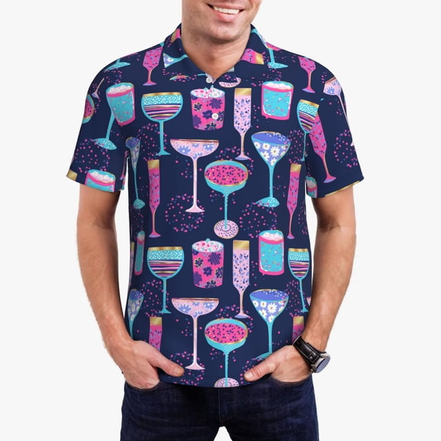Balery Wine Glasses And Cocktails Camisa Polo de Hombre con Estampado, de Manga Corta y Tejido Medio, Camisa Tipo Golf Polo-X-Large
