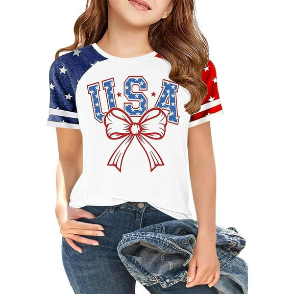 Hiijoy Toddler Girls Independence Day T Shirt Short Sleeve 4th of July T Shirt, Sizes 3-13