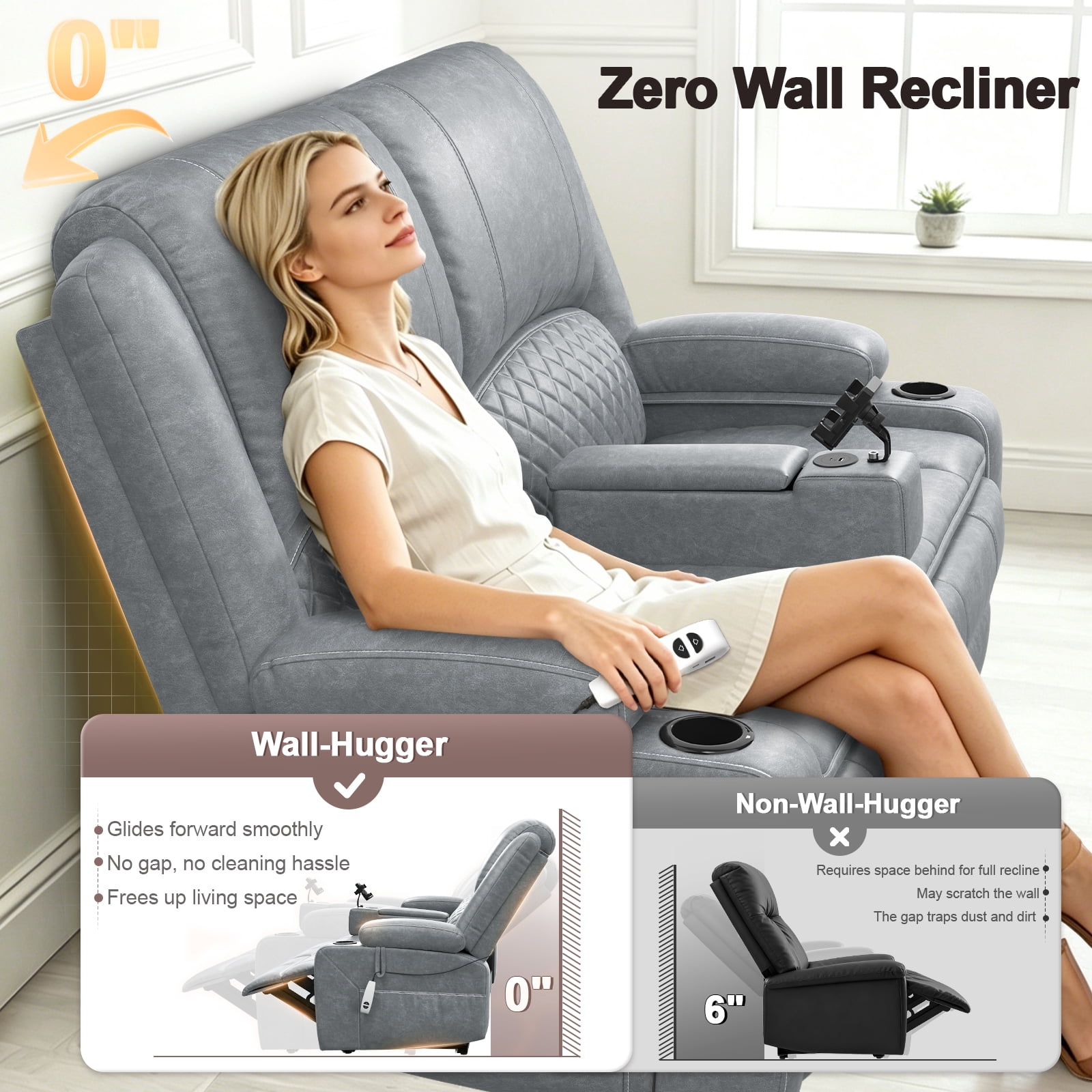 Power Reclining Loveseat with USB Port, Storage Console, Removable Armrests, Wall-Hugger Design, Double Cushions Faux Leather, Light Gray