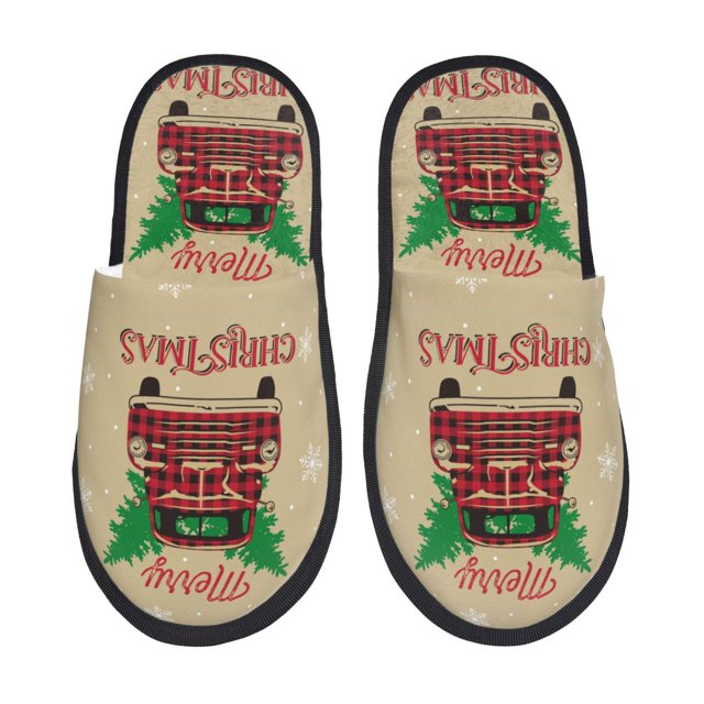 Balery Christmas Vintage Red Truck Pantuflas de Casa de Felpa Silenciosas con Diseño Estampado, Zapatillas Cómodas Antideslizantes de Algodón para Interior-Medium