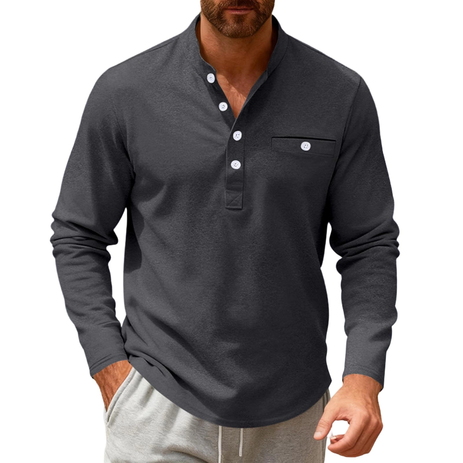 Men s Band Collar Tops Casual Long Sleeve T Shirts Loose and Breathable Tees Business Casual Outfits with Pockets Dark Gray M