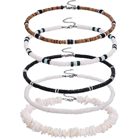 LYH 5pcs Puka Shell Necklace - Summer Beach Surfer & Hawaiian Necklace for Men & Women - White Beach Jewelry