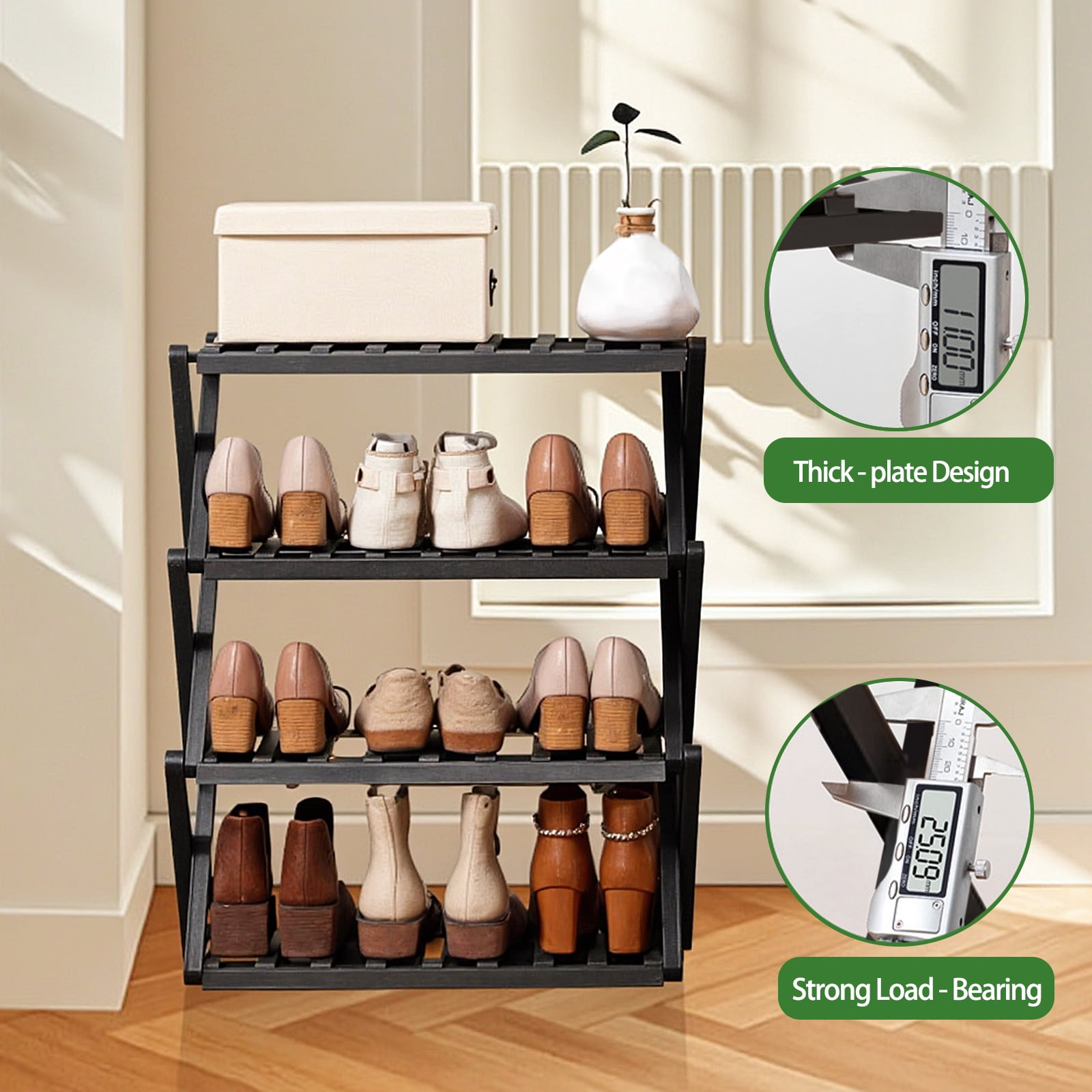 HDUTNGISN 3 Tier Foldable Bamboo Shoe Rack,Tool Free Setup Shoe Organizer, 20x10x15in Entryway Storage,Tawney