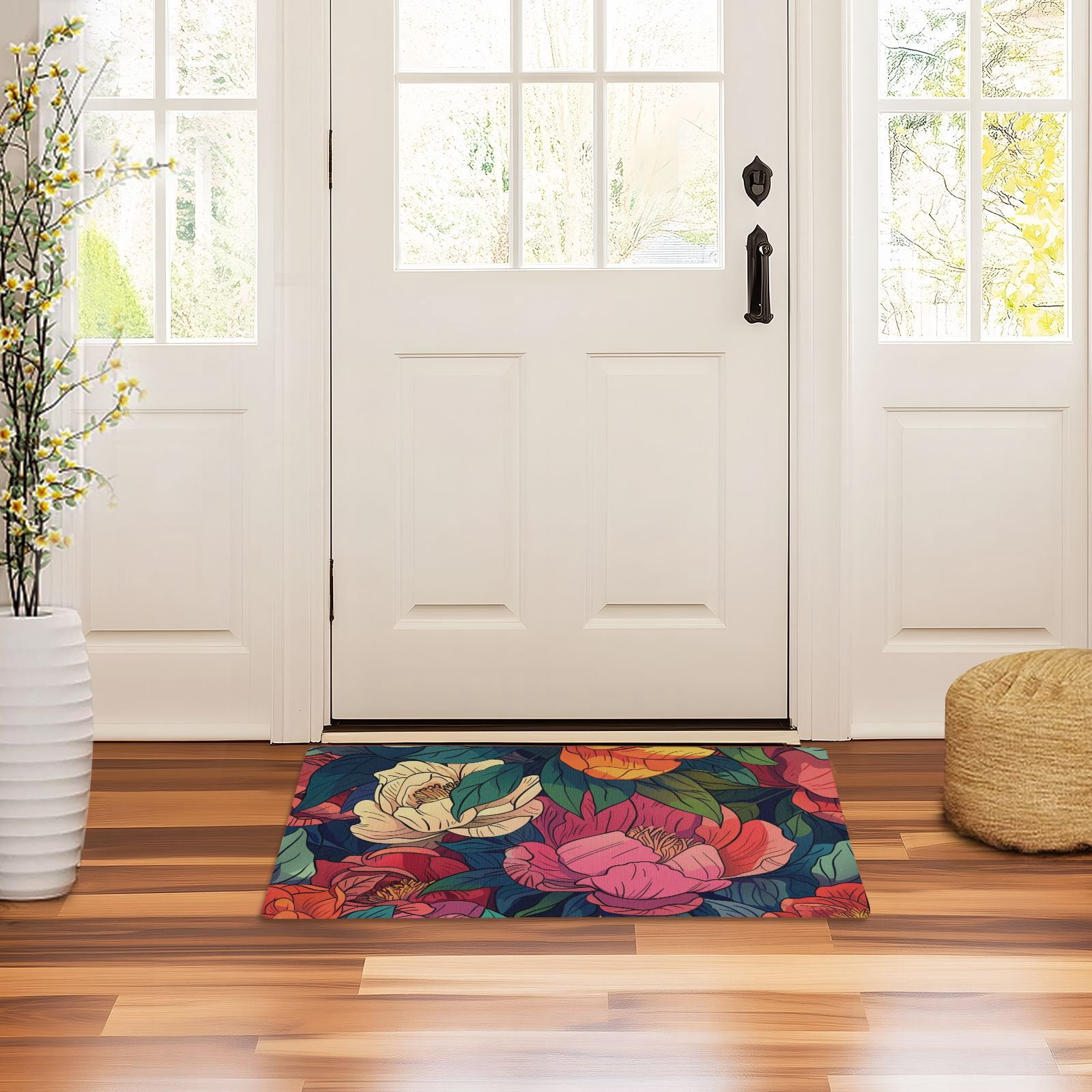 JSTEL Colorful Peony Floral Front Door Mat Outside Entrance 32x20 Inch Doormat for Outdoor Indoor Washable Non Slip Floor Mats