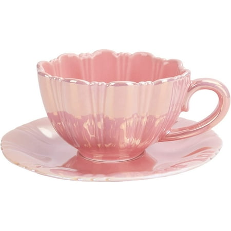 

JLMMEN STORE Ceramic Coffee Mug Creative Cute Cup with Flower Shape Saucer Novelty Coffee Cup with Comfortable Grip for Office and Home 8.5 oz/250 ml for Tea Latte Milk (Peach Pink)