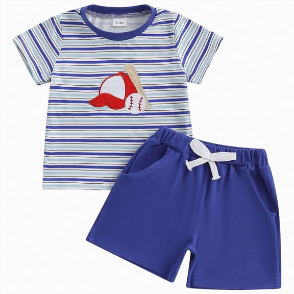 mgoYE Toddler Boy Clothes 18-24 Months Toddler Baby Boy Baseball Outfit Summer Embroidery Short Sleeve T Shirt Plaid Shorts 2 Pcs Boys Clothes Set(Blue,18-24 Months)