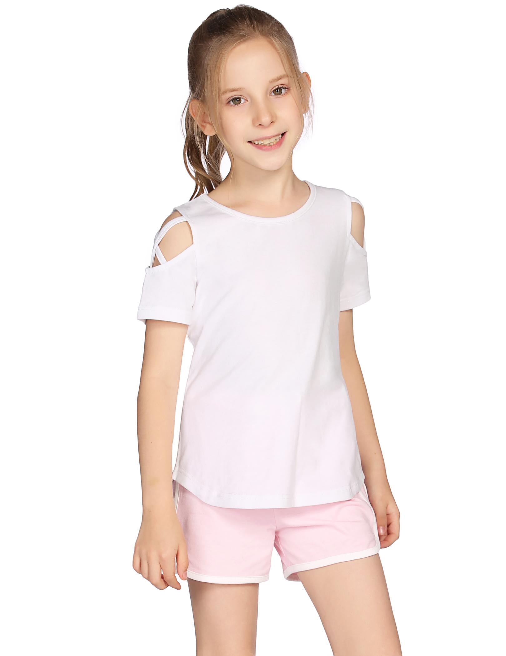 Girls Cotton Tee Tops Summer Short T-Shirt Solid Blouse with Cold Shoulder for 4-12Y, Clearance - Walmart.com