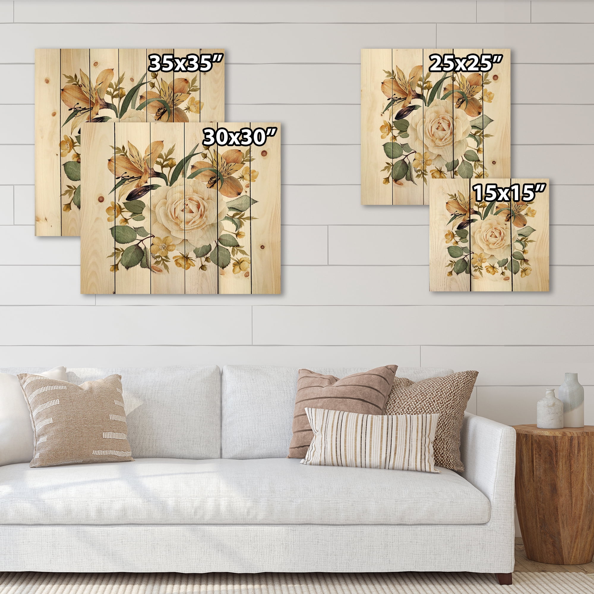 Designart 'Ancient White Rose' Traditional Print on Natural Pine Wood