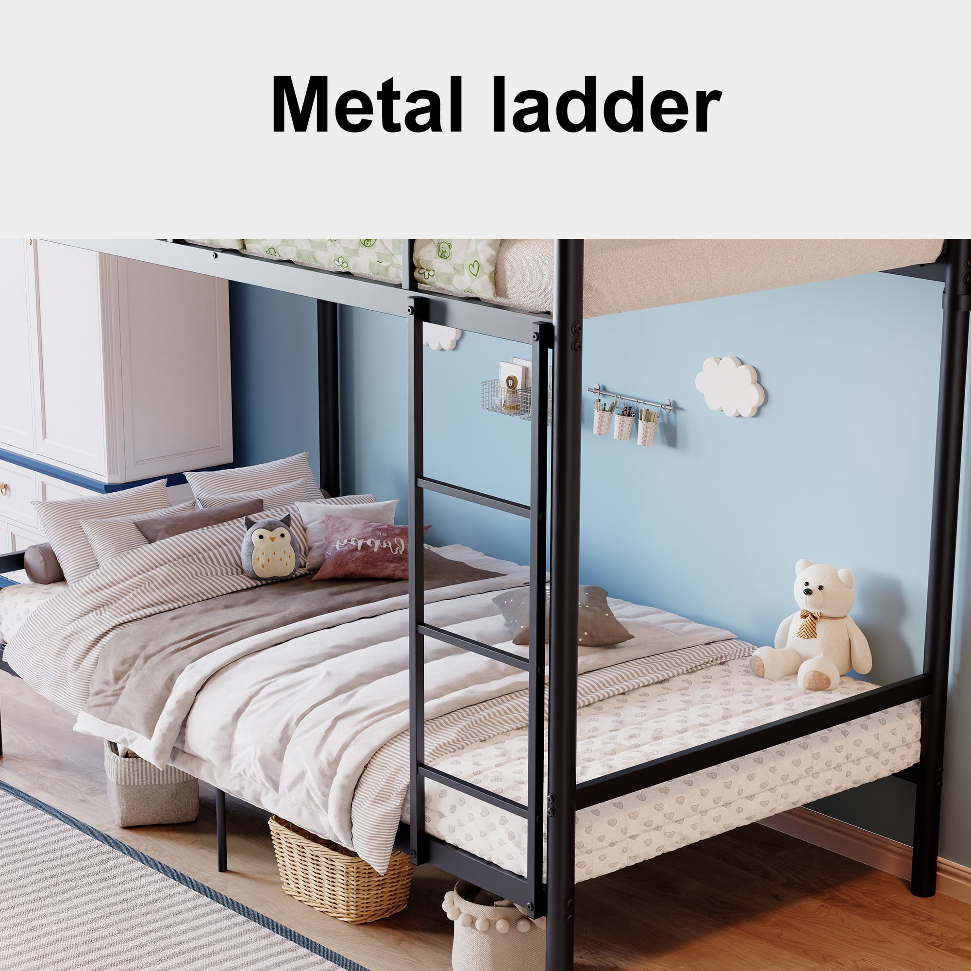 MAYEERTY Twin Over Twin Metal Bunk Bed with Ladder, Space-Saving Bed Frame for Kids Teens Adults, Supports 330 lbs Top & 440 lbs Bottom Bunk, No Box Spring Needed
