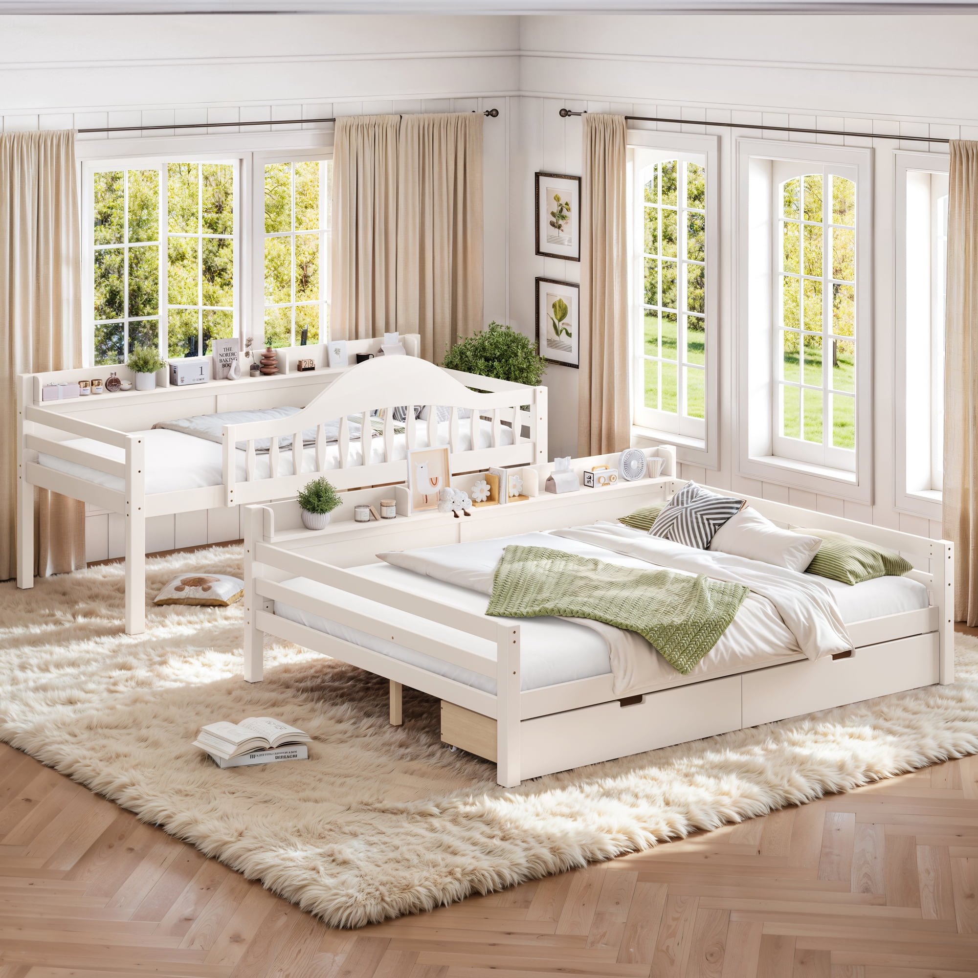 Leumius Twin XL over Queen Bunk Bed with Storage Drawers, Chic Curved Guardrail & Side Storage Shelves, Bunk Bed Frame with Ladder Beige