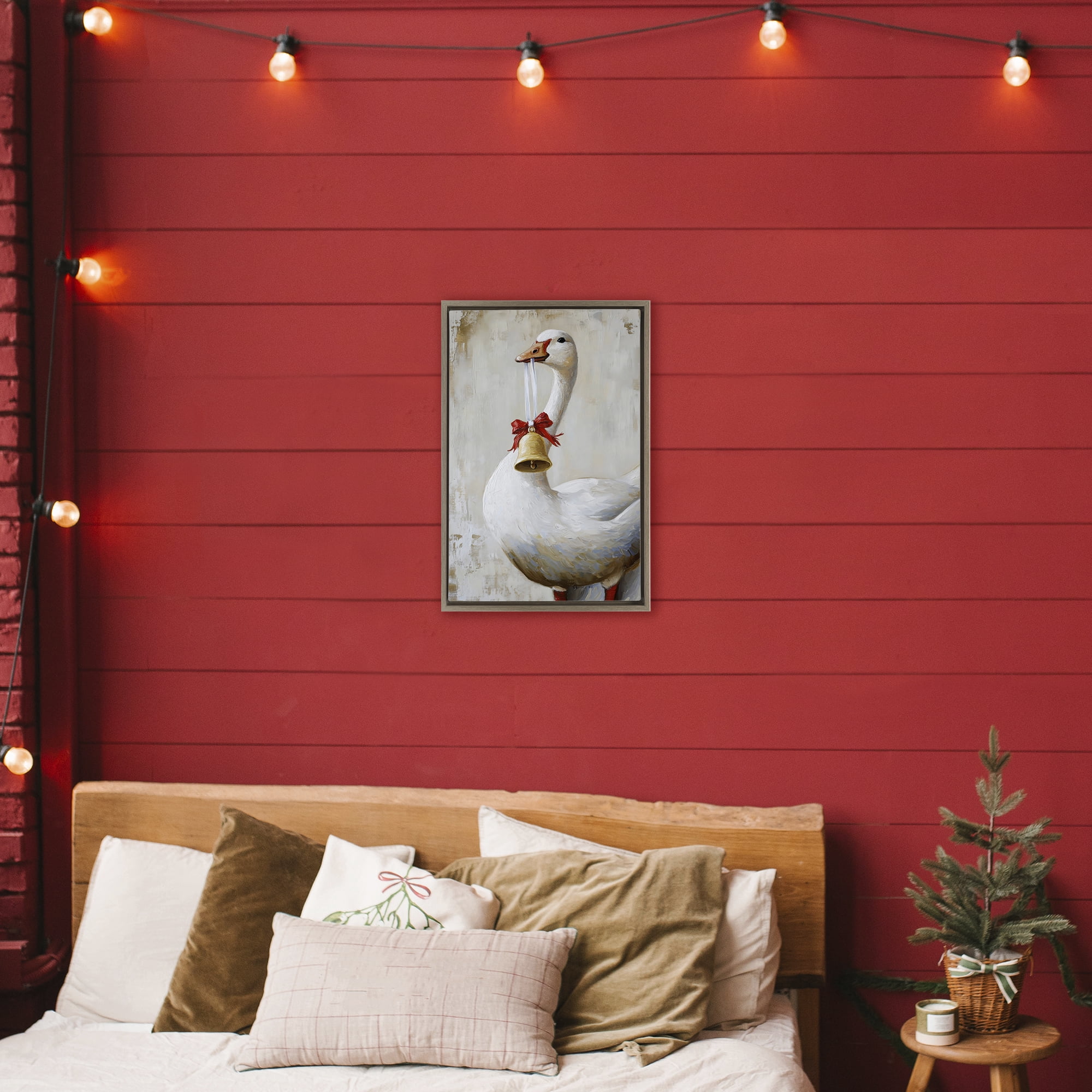 Festive Jingle Goose Brown Framed Floater Canvas Wall Art, design by Petal Prints Design