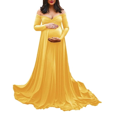 

Baycosin Maternity Dress For Photoshoot Off Shoulder Long Sleeve Photography Gown Maxi Photo Dresses