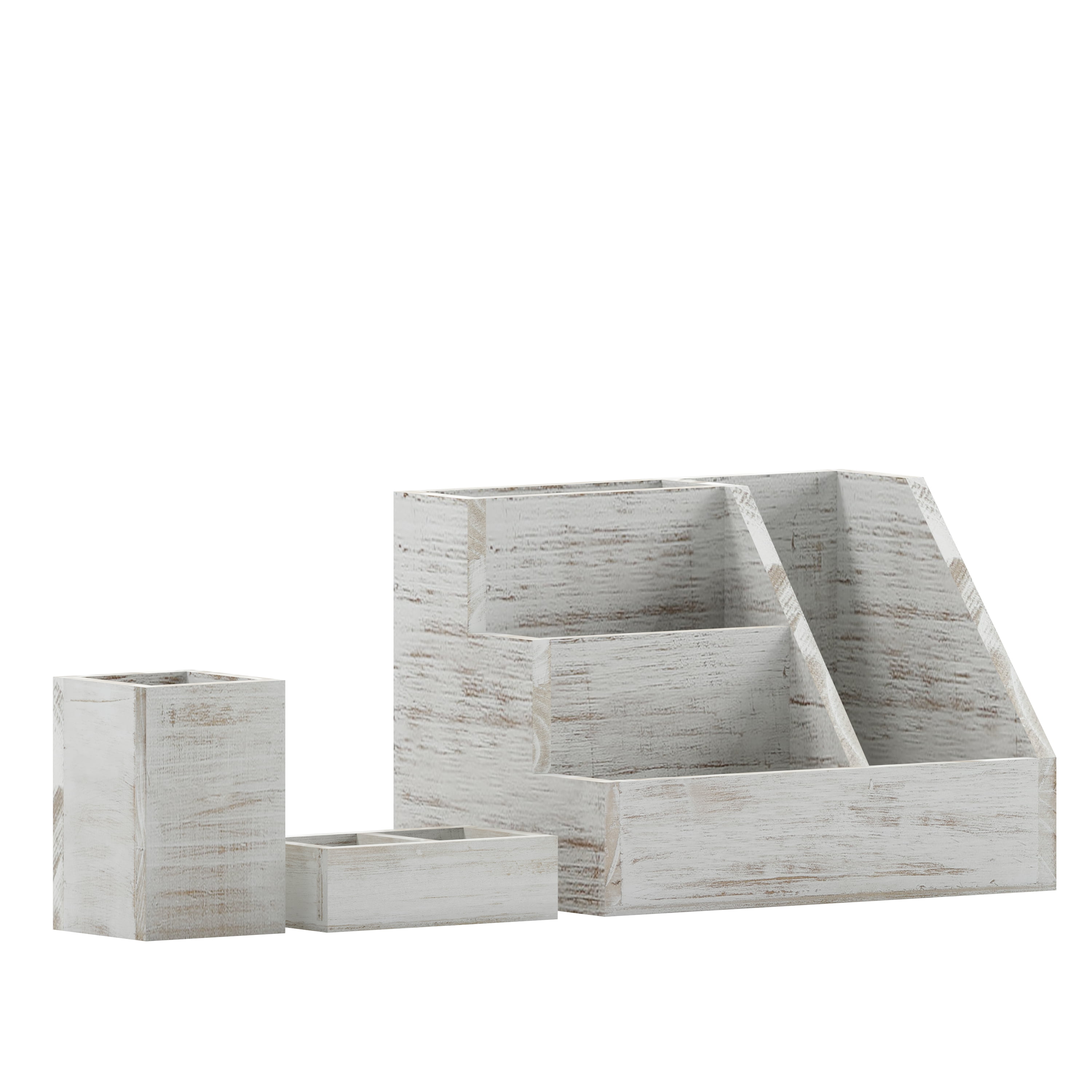 Merrick Lane 3 Piece Wooden Desk Organizer Set for Desktop, Countertop, or Vanity in Whitewashed