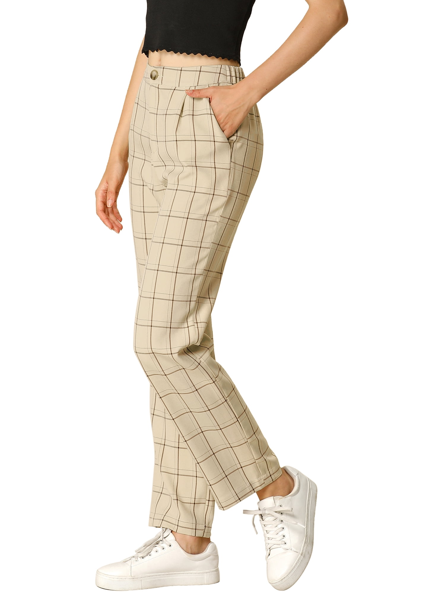 DARING DIVA Women's Plaid Trousers Pockets Straight Leg Casual Pant XL Khaki