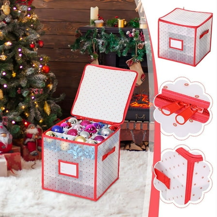 Plastic Christmas Ornament Storage Box with Zippered Closure, Store up to 64 Standard Christmas Ornaments, Xmas Ornaments Storage with Dividers and Two Handles