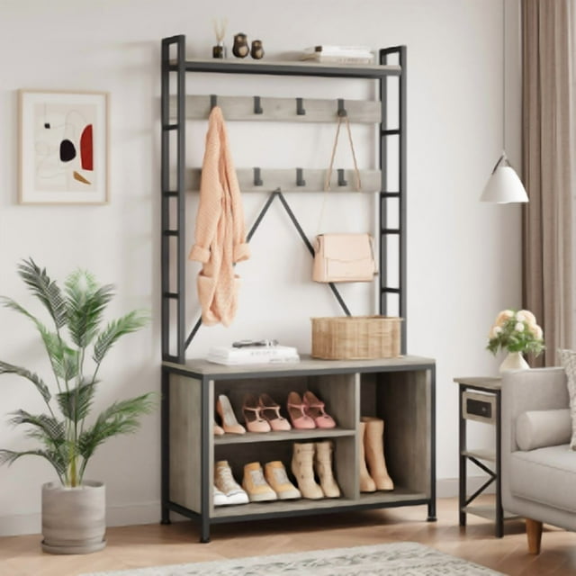 Hall Tree Tall Entryway Bench with Coat Rack freestanding, 5 in 1 Shoe Bench and Wall Rack Hooks and Drawers (Rustic Brown)