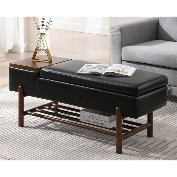 Storage Bench for Bedroom Leather End of Bed Black Ottoman Bench with Wood Shoe Storage/Coffee Table for Living Room//Hallway/Under Window, PU Black