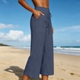 thumbnail image 2 of Cotton Linen Capri Pants for Women - Wide Leg Loose Casual Trousers with Pockets Summer High Waisted Drawstring Pants Blue S, 2 of 6