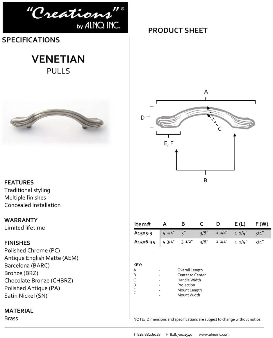 Alno A1505-3-PB/NL Venetian 3" Center To Center Luxury Solid Brass Arch Bow Cabinet Handle
