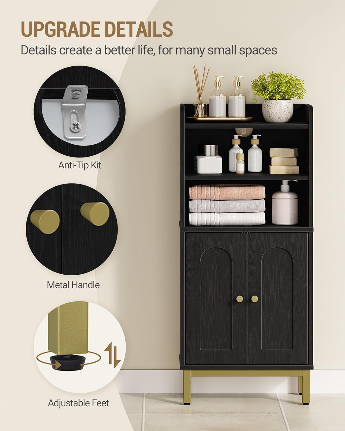 Bathroom Storage Cabinet, Small Floor Cabinet with 2 Door and Shelves, Toilet Paper Cabinets, Bathroom Organizer with Adjustable Shelf, for Small Spaces Black 7.9" D x 14.6" W x 32.7" H