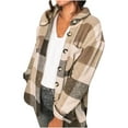 thumbnail image 3 of Jinhomg Women's Casual Plaid Jackets Fall Loose Fit Long Sleeve Button Down Shacket Lightweight Comfy Lapel Collar Outerwear with Pockets Khaki L, 3 of 6