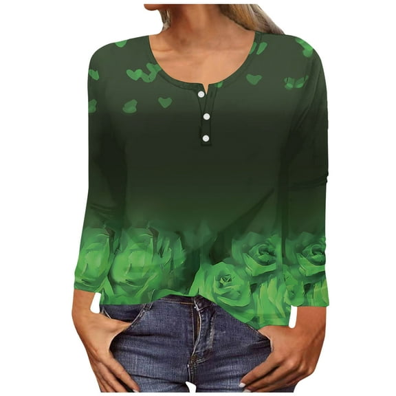 Dianli 3/4 Length Sleeve Womens Tops Floral Print Round Neck 3/4 Sleeve Tops Loose Fashion Comfortable Sweatshirt with Button, Gift on Clearance Green xxl