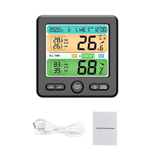 Moyic Termómetro digital Higrómetro Reloj Pantalla HD Despertador con unidades duales Alarmas duales Medidor interior Medidor electrónico Termómetros Negro