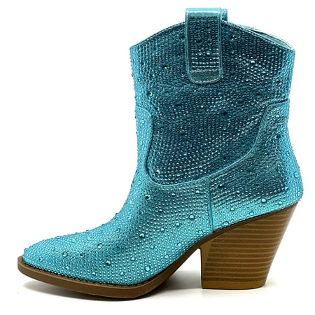 

Forever Women Cowgirl Cowboy Western Ankle Boots Pointy Toe Rhinestone Bling Short Booties RIVER-01 Light Blue Turquoise 7